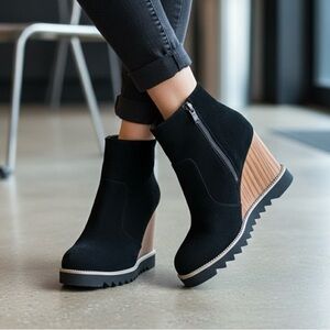 Bibi Lou Anthropologie Black Suede Wedge Sawtooth Sole Ankle Boots 37